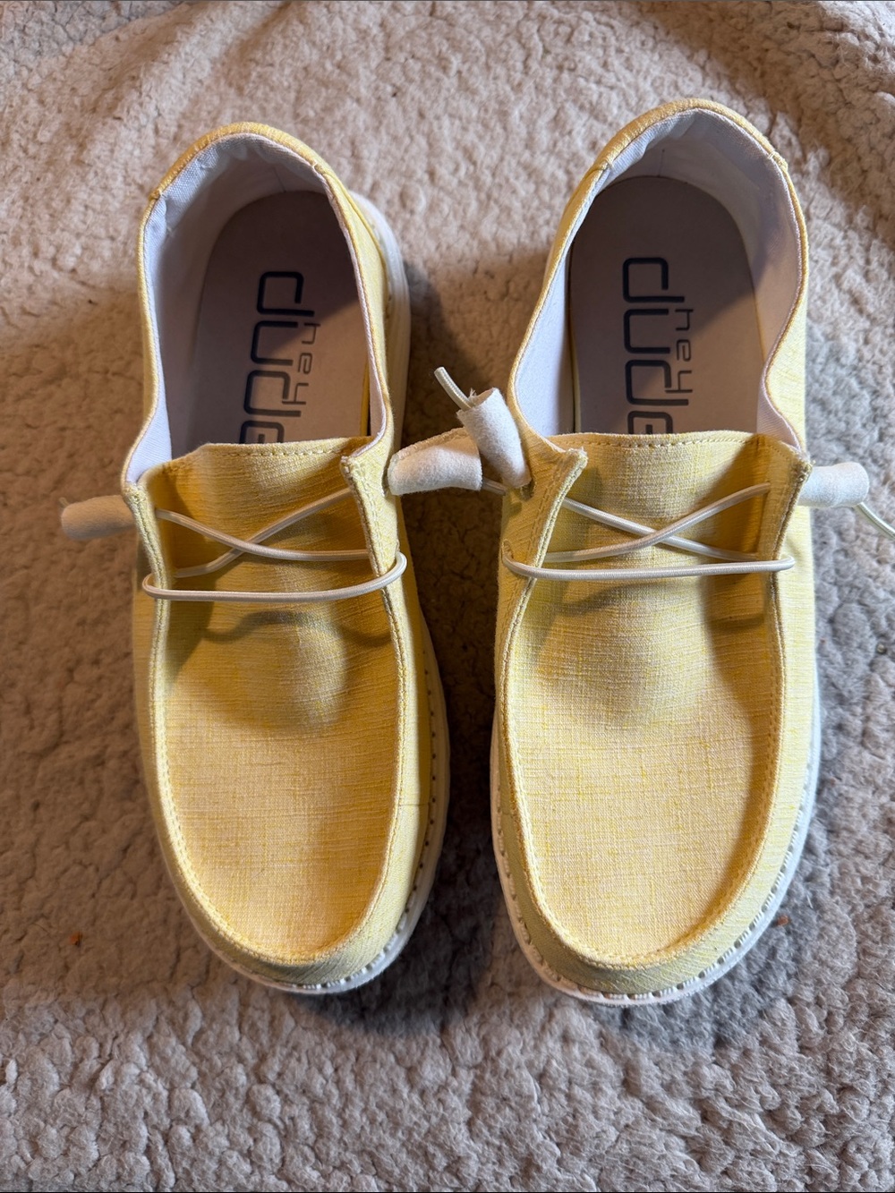 Hey Dude Pale Yellow Linen Slip-Ons with White Soles